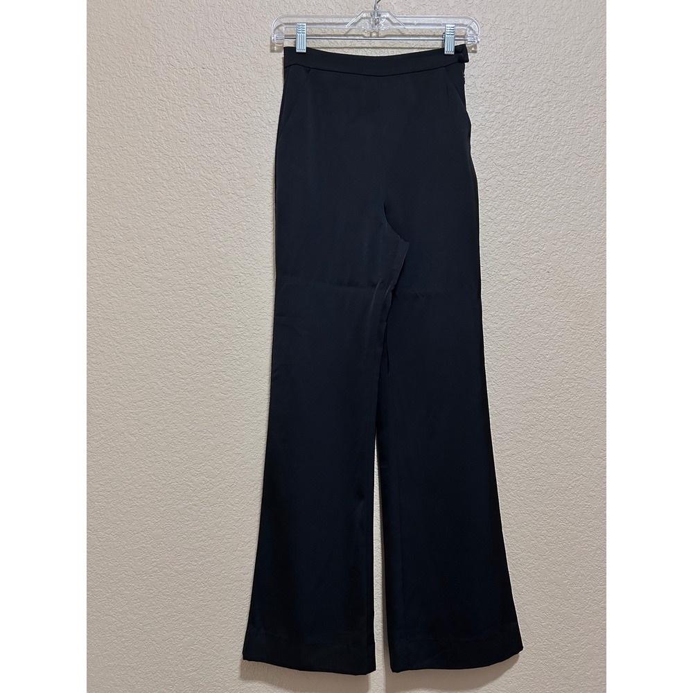 NBD XXS High Waisted Wide Leg Satin Trousers Black Formal Dress Pants Side Zip